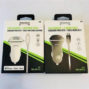 PUGS Dual Port Car Charger + Micro USB 4' Charging Cable Black